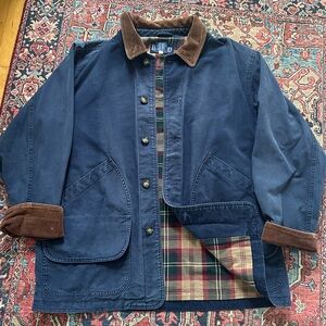 Vintage Lands' End Navy Chore Coat with Corduroy Trim & Plaid Lining Mens M